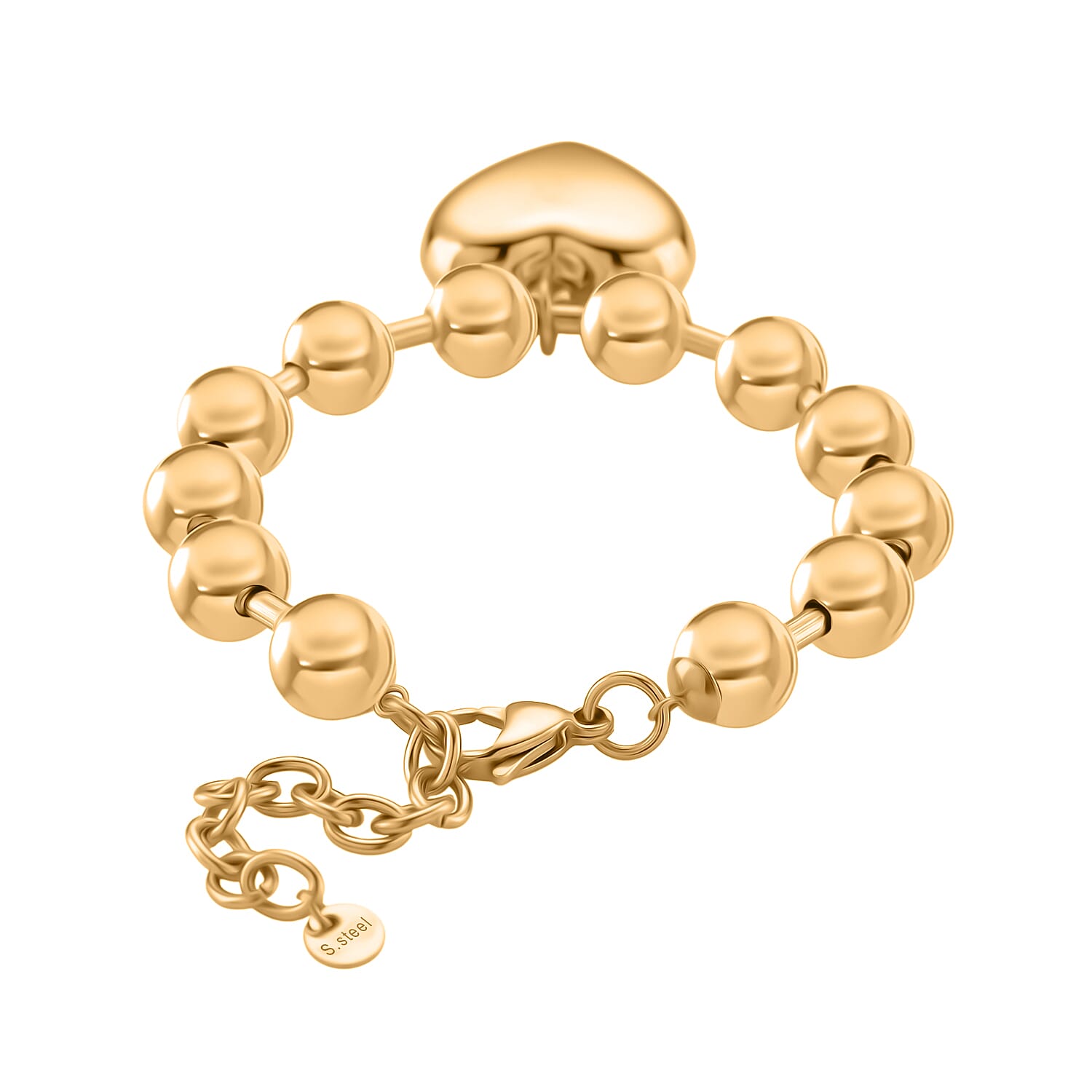 Bracelet (Size - 7.5 - 2 Ext) with Heart Charm with Lobster Clasp in Yellow Gold Colour Tone