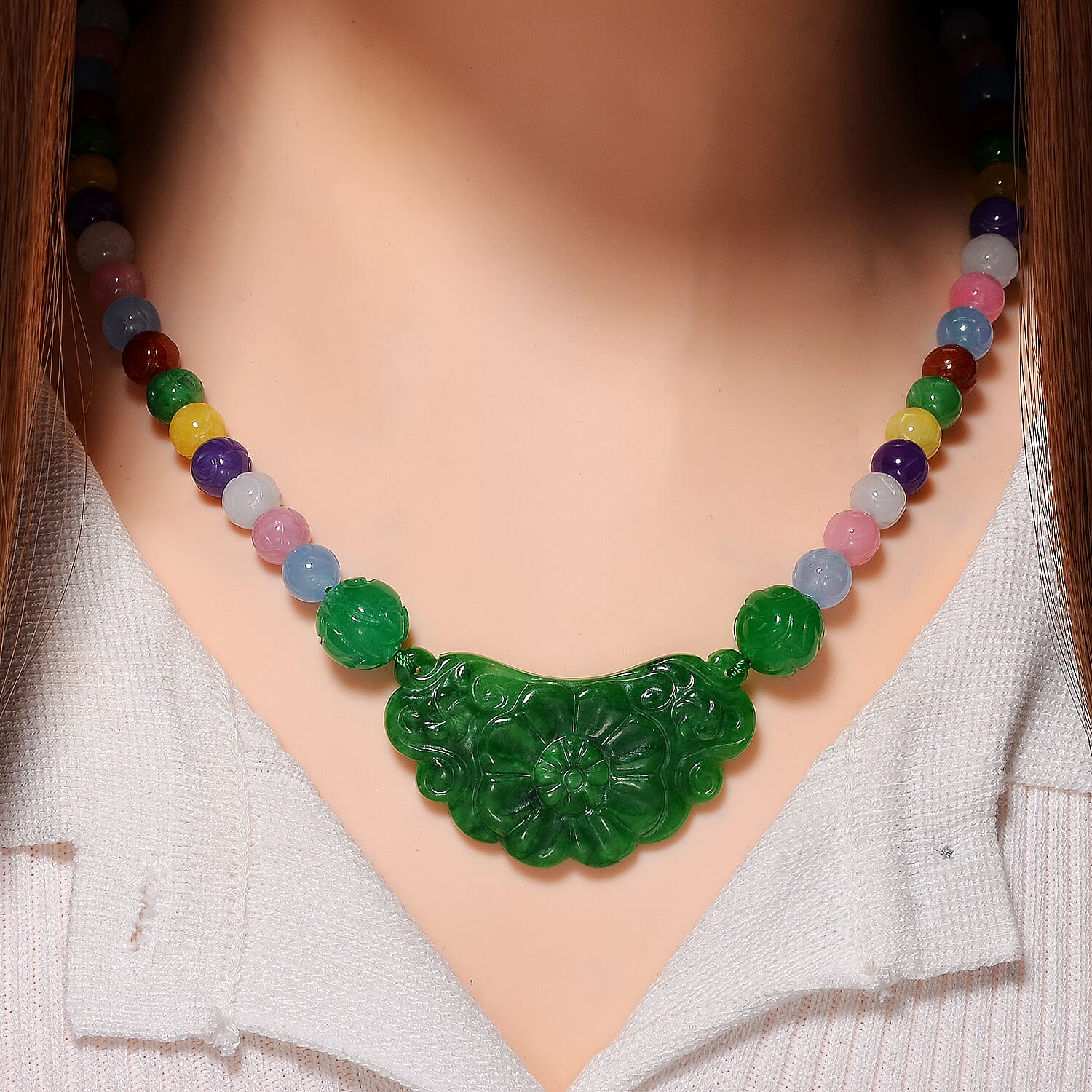 Tucson Find - Green Jade & Multi Colour Jade Necklace (Size - 20) with Magnetic Clasp in Rhodium Overlay Sterling Silver 340.00 Ct.