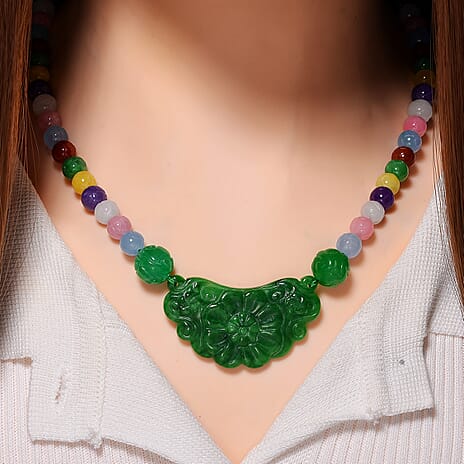 Tucson Find - Green Jade & Multi Colour Jade Necklace (Size - 20) with Magnetic Clasp in Rhodium Overlay Sterling Silver 340.00 Ct.
