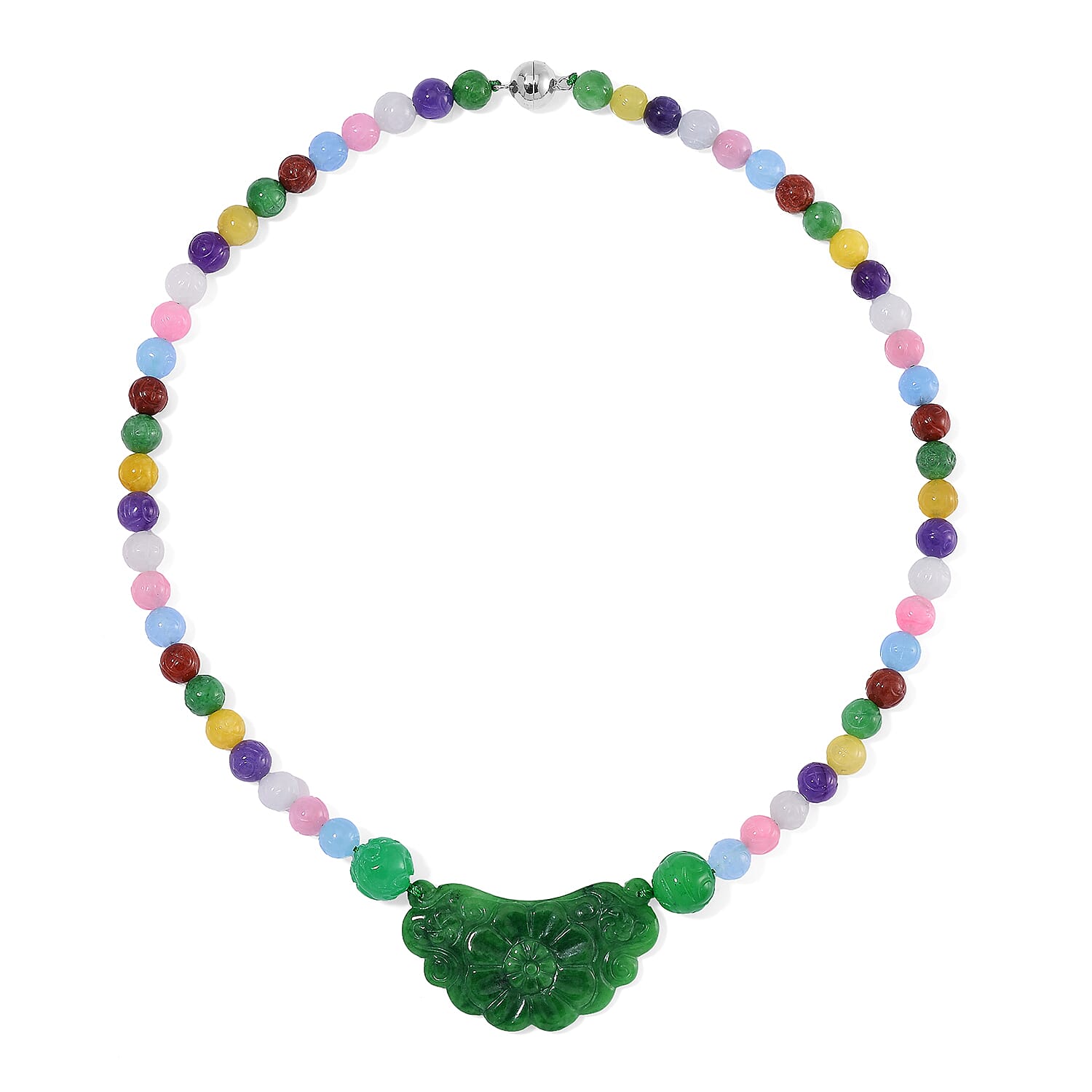Tucson Find - Green Jade & Multi Colour Jade Necklace (Size - 20) with Magnetic Clasp in Rhodium Overlay Sterling Silver 340.00 Ct.