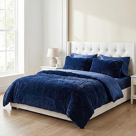 Luxury 6 Piece Winter Bedding Collection- Faux Rabbit Fur Comforter With Reversible Dutch Velvet Thermal Backing, Fitted Sheet, 2 Faux Rabbit Fur Pillowcases & 2 Velvet Pillowcases - Blue Double