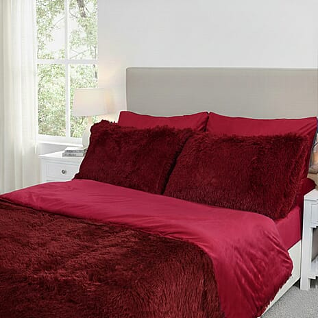Luxury 6 Piece Winter Bedding Collection- Faux Rabbit Fur Comforter With Reversible Dutch Velvet Thermal Backing, Fitted Sheet, 2 Faux Rabbit Fur Pillowcases & 2 Velvet Pillowcases - Wine Double