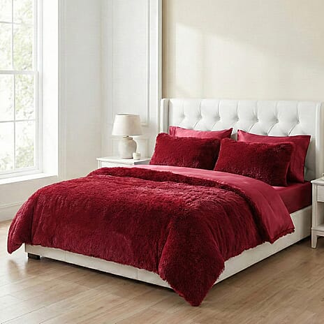 Luxury 6 Piece Winter Bedding Collection- Faux Rabbit Fur Comforter With Reversible Dutch Velvet Thermal Backing, Fitted Sheet, 2 Faux Rabbit Fur Pillowcases & 2 Velvet Pillowcases - Wine King