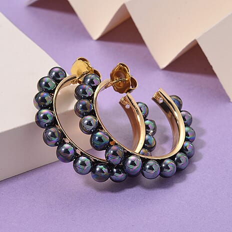 Peacock Colour Shell Pearl Earrings with Push Backs in Yellow Gold Plated 20.00 Ct.