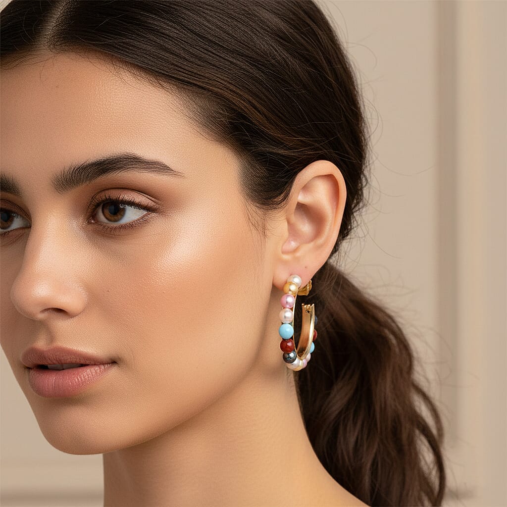 Peacock Colour Shell Pearl Earrings with Push Backs in Yellow Gold Plated 20.00 Ct.