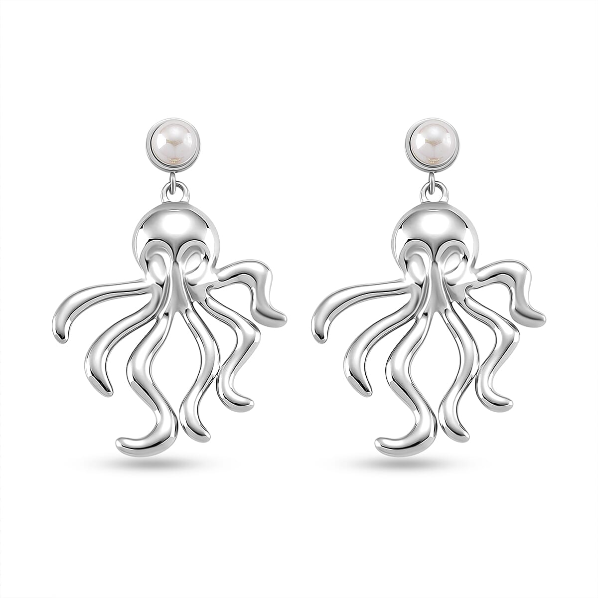 White Shell Pearl Earring with Push Back in Silver Tone