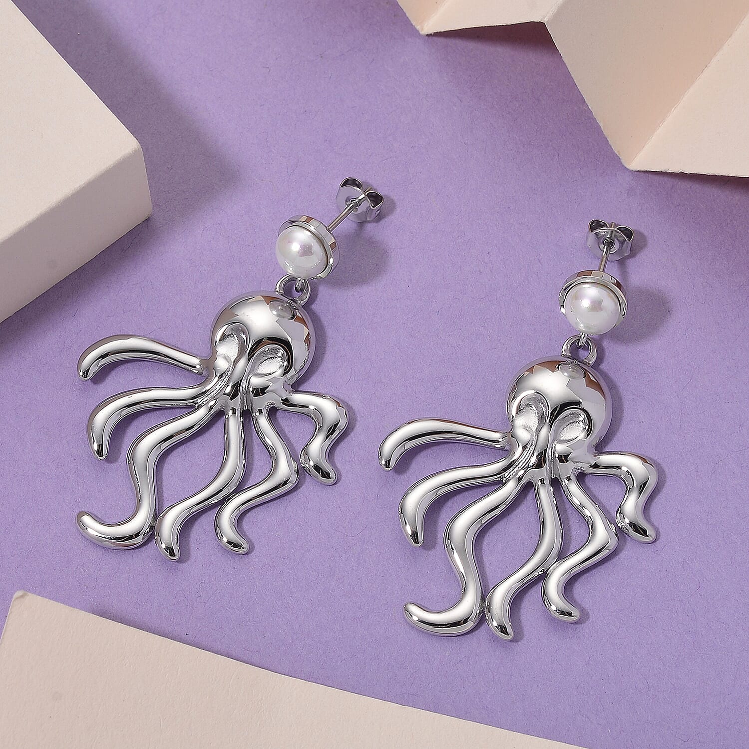 White Shell Pearl Earring with Push Back in Silver Tone