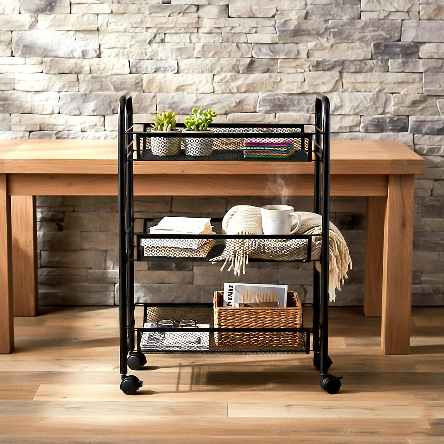 Three Tier Storage Cart With 2 Lockable Wheels