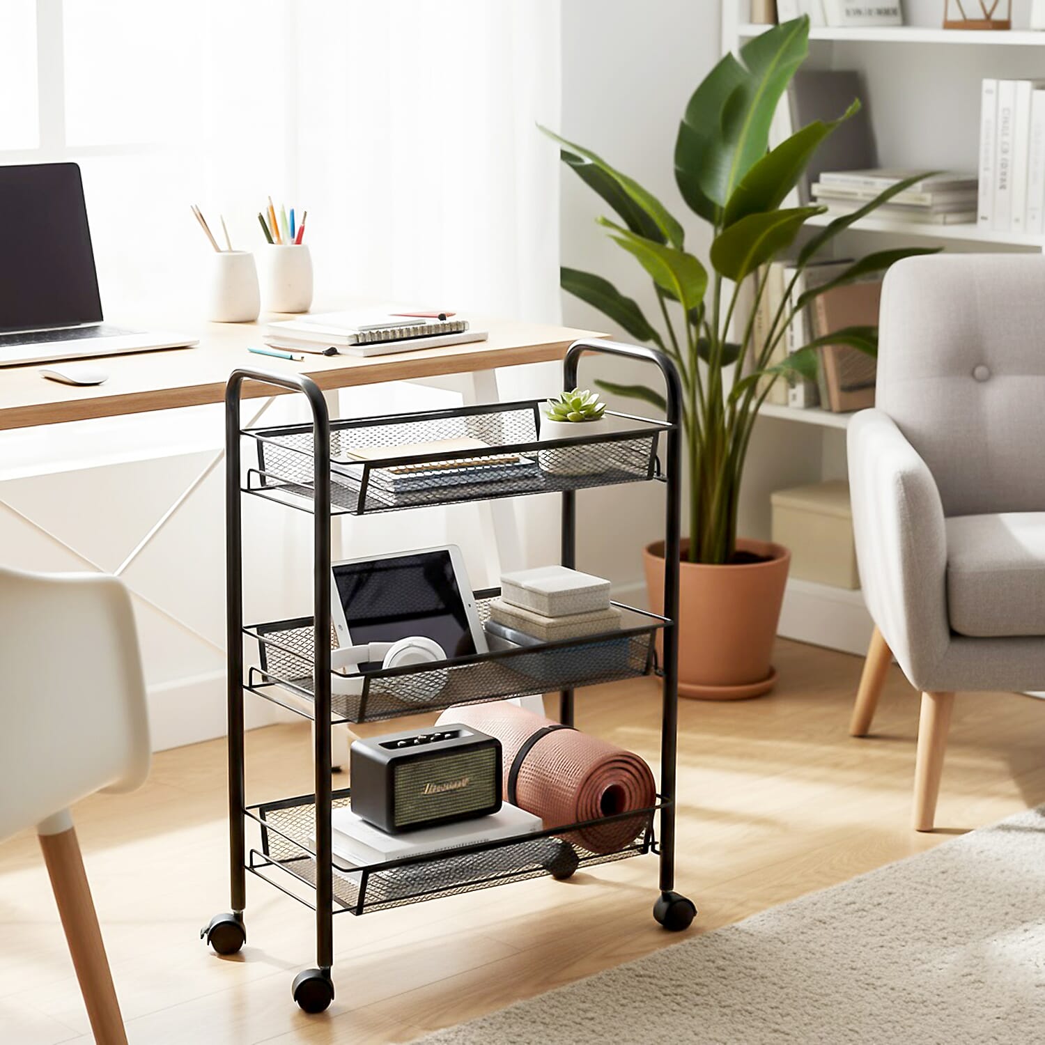 Three Tier Storage Cart With 2 Lockable Wheels