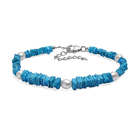 Turquoise & Fresh Water Pearl Bracelet (Size - 7.5) with Lobster Clasp in Rhodium Overlay Sterling Silver 37.00 Ct.