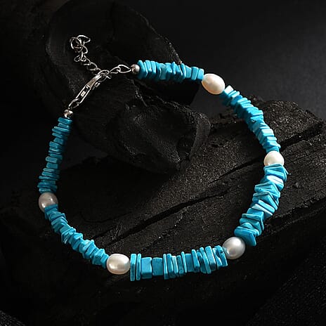 Turquoise & Fresh Water Pearl Bracelet (Size - 7.5) with Lobster Clasp in Rhodium Overlay Sterling Silver 37.00 Ct.