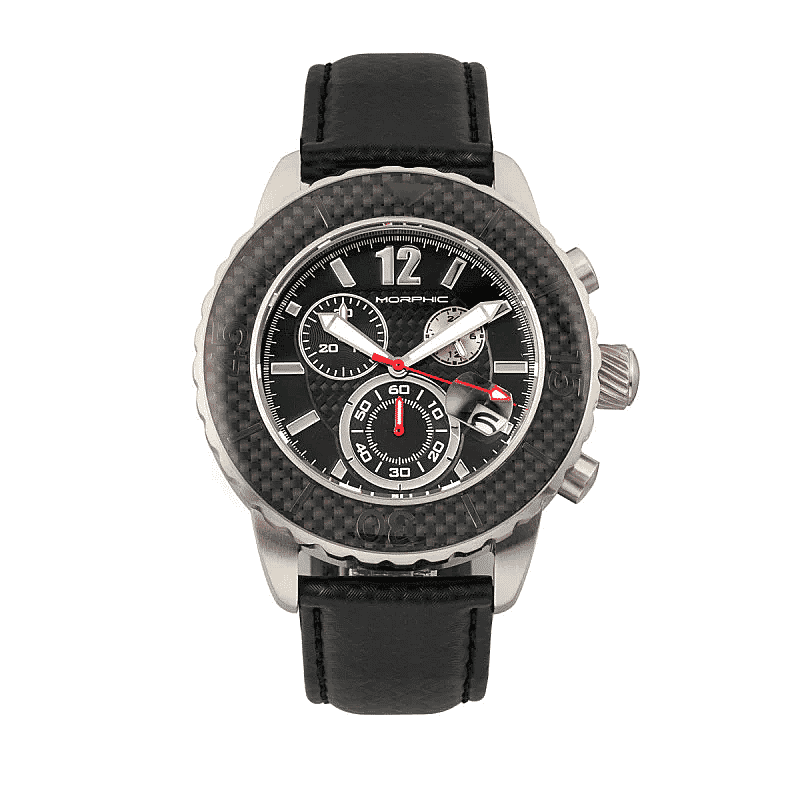 MORPHIC M51 Series Japanese Quartz Movt. 10ATM Water Resistant Black Dial Mens Watch with Black Colour Leather Strap and Silver-Tone Case