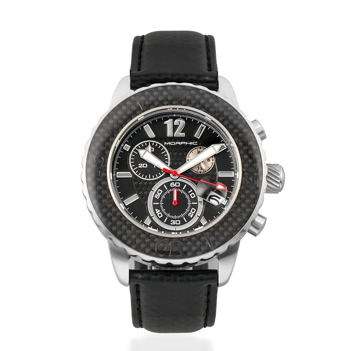 MORPHIC M51 Series Japanese Quartz Movt. 10ATM Water Resistant Black Dial Mens Watch with Black Colour Leather Strap and Silver-Tone Case