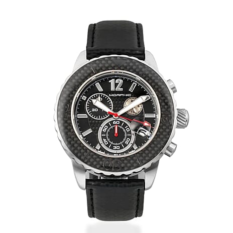 MORPHIC M51 Series Japanese Quartz Movt. 10ATM Water Resistant Black Dial Mens Watch with Black Colour Leather Strap and Silver-Tone Case