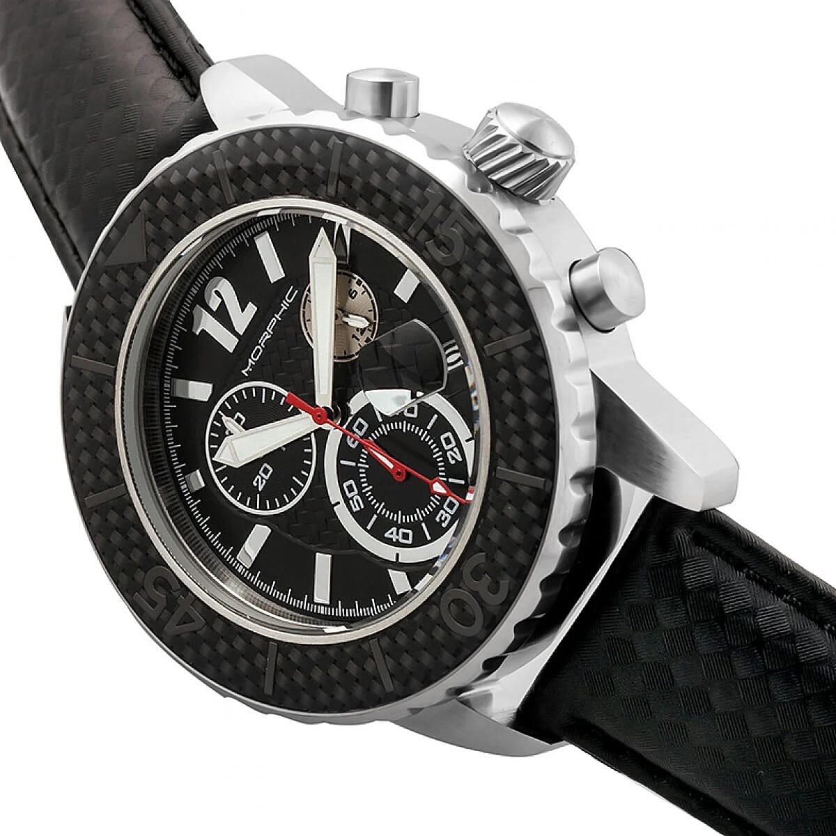 MORPHIC M51 Series Japanese Quartz Movt. 10ATM Water Resistant Black Dial Mens Watch with Black Colour Leather Strap and Silver-Tone Case