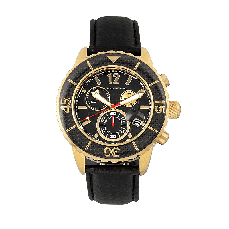 MORPHIC M51 Series Japanese Quartz Movt. 10ATM Water Resistant Black Dial Mens Watch with Black Colour Leather Strap and Gold-Tone Case