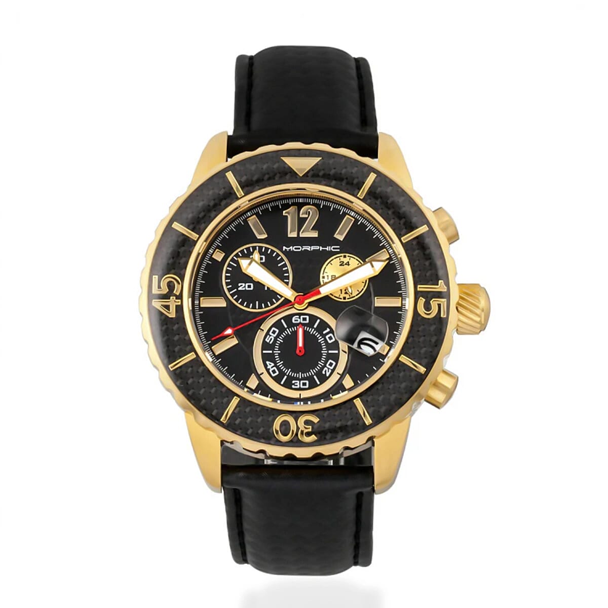 MORPHIC M51 Series Japanese Quartz Movt. 10ATM Water Resistant Black Dial Mens Watch with Black Colour Leather Strap and Gold-Tone Case