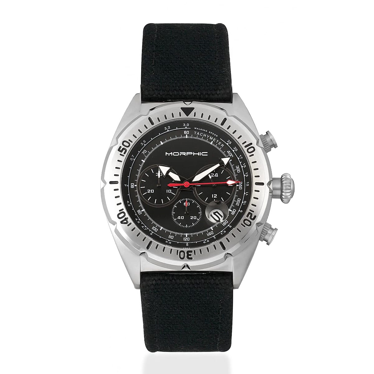 MORPHIC M53 Series Japanese Quartz Movt. 5ATM Water Resistant Black Dial Mens Watch with Black Colour Leather Strap and Silver-Tone Case