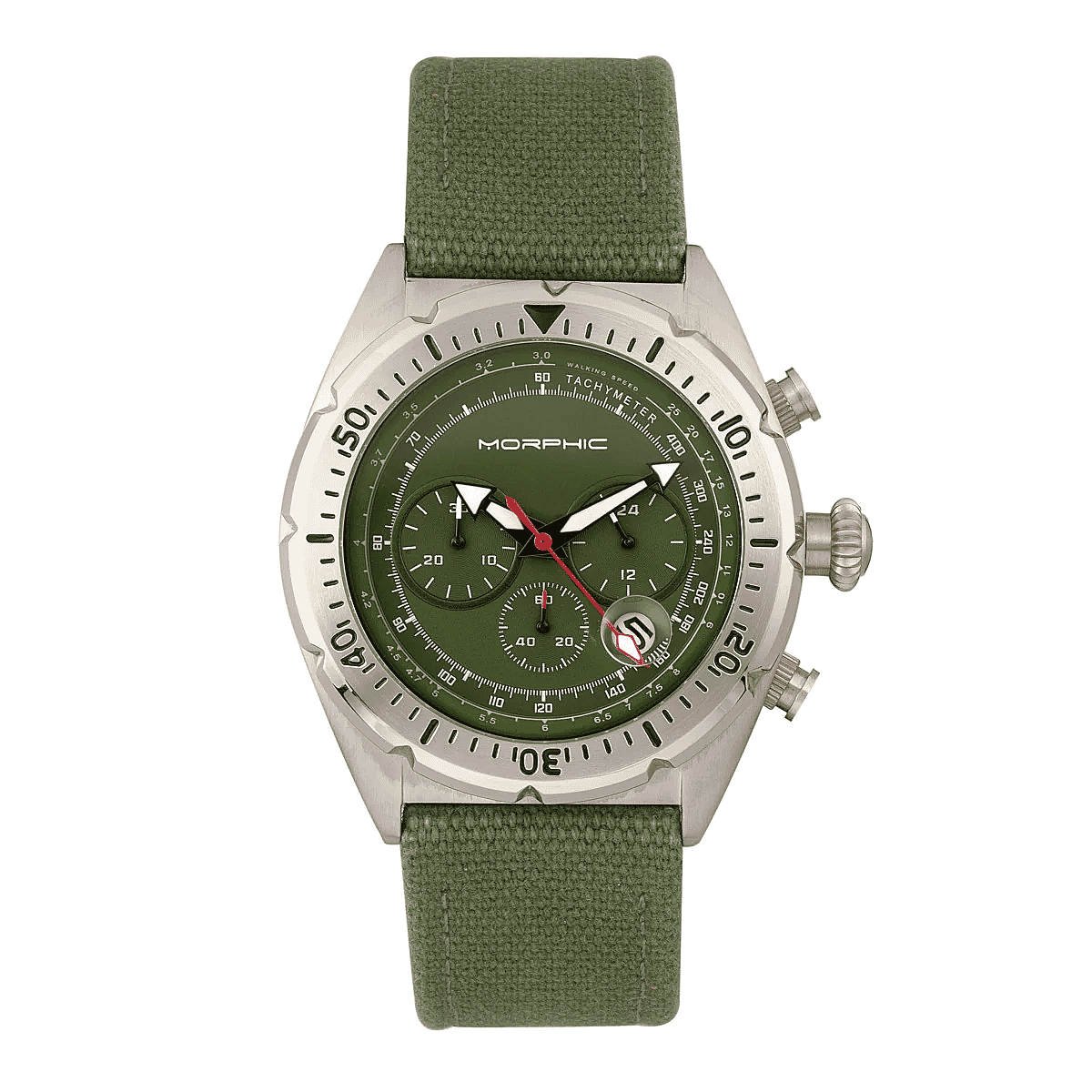 MORPHIC M53 Series Japanese Quartz Movt. 5ATM Water Resistant Green Dial Mens Watch with Green Colour Leather Strap and Silver-Tone Case