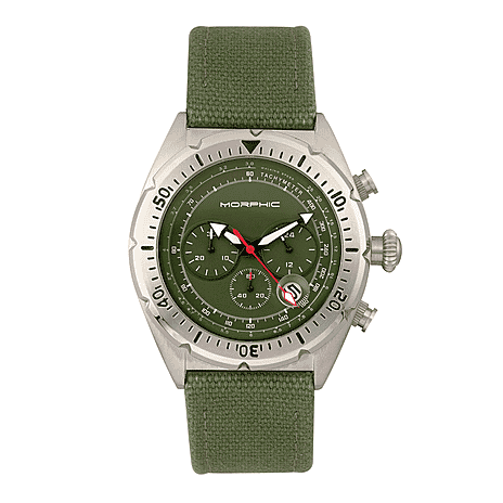 MORPHIC M53 Series Japanese Quartz Movt. 5ATM Water Resistant Green Dial Mens Watch with Green Colour Leather Strap and Silver-Tone Case