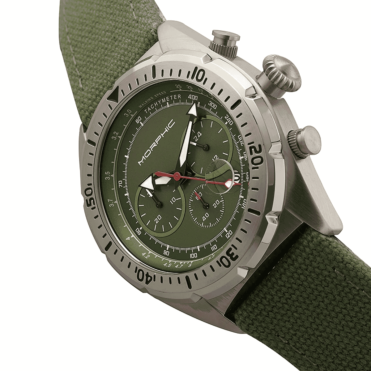 MORPHIC M53 Series Japanese Quartz Movt. 5ATM Water Resistant Green Dial Mens Watch with Green Colour Leather Strap and Silver-Tone Case