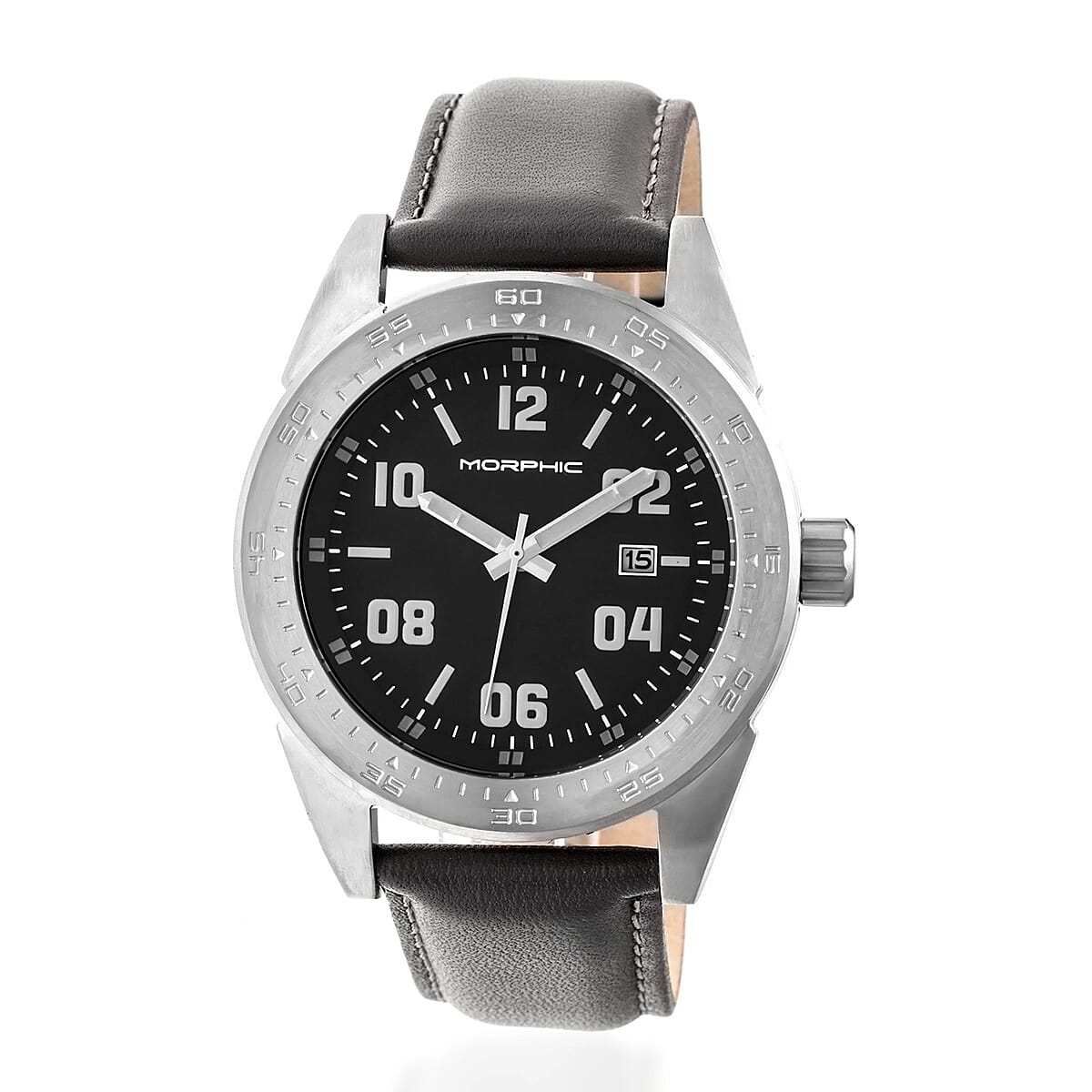 MORPHIC M63 Series Japanese Quartz Movt. 5ATM Water Resistant Black Dial Mens Watch with Black Colour Leather Strap and Silver-Tone Case