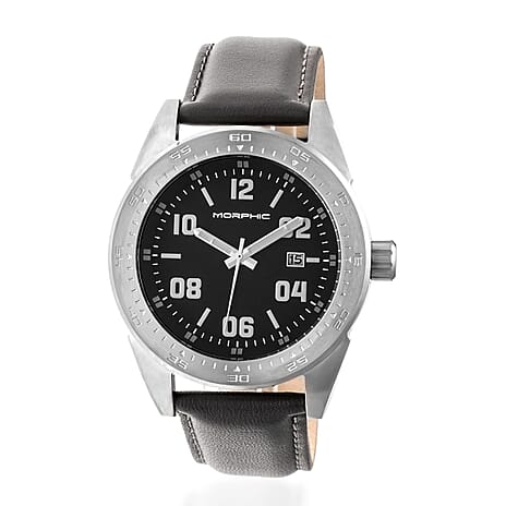 MORPHIC M63 Series Japanese Quartz Movt. 5ATM Water Resistant Black Dial Mens Watch with Black Colour Leather Strap and Silver-Tone Case