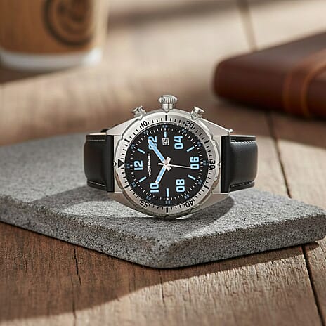 MORPHIC M63 Series Japanese Quartz Movt. 5ATM Water Resistant Black Dial Mens Watch with Black Colour Leather Strap and Silver-Tone Case