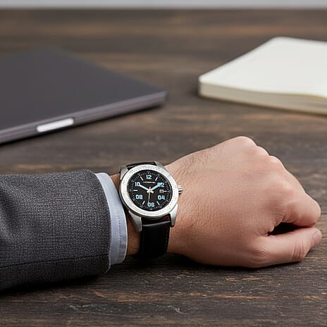 MORPHIC M63 Series Japanese Quartz Movt. 5ATM Water Resistant Black Dial Mens Watch with Black Colour Leather Strap and Silver-Tone Case