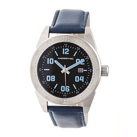 MORPHIC M63 Series Japanese Quartz Movt. 5ATM Water Resistant Blue Dial Mens Watch with Blue Colour Leather Strap and Silver-Tone Case