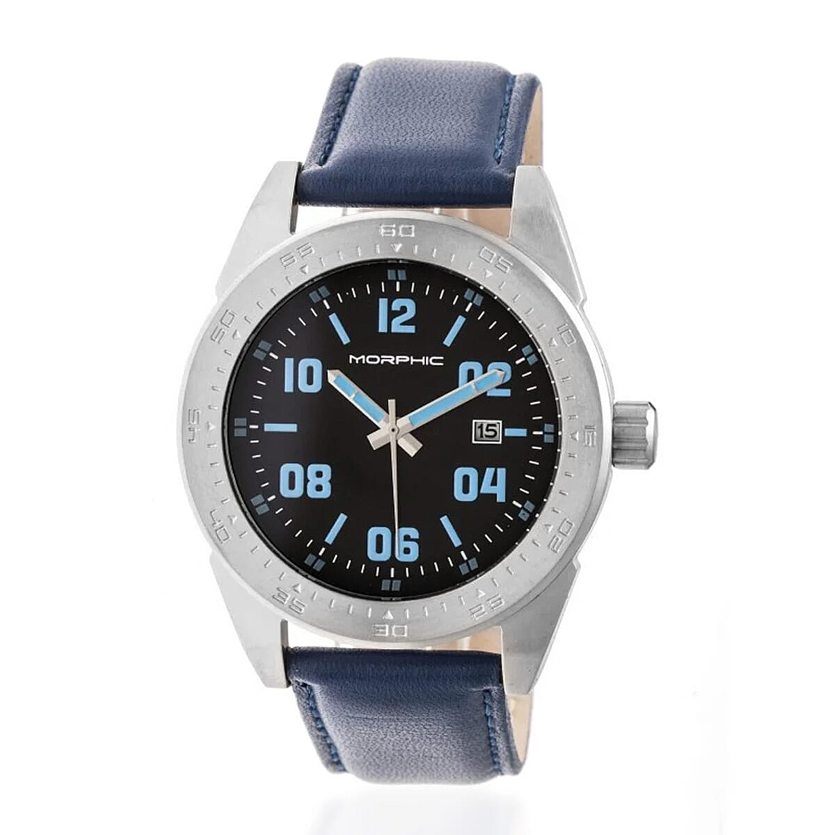 MORPHIC M63 Series Japanese Quartz Movt. 5ATM Water Resistant Blue Dial Mens Watch with Blue Colour Leather Strap and Silver-Tone Case