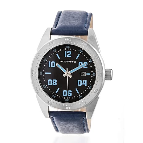 MORPHIC M63 Series Japanese Quartz Movt. 5ATM Water Resistant Blue Dial Mens Watch with Blue Colour Leather Strap and Silver-Tone Case