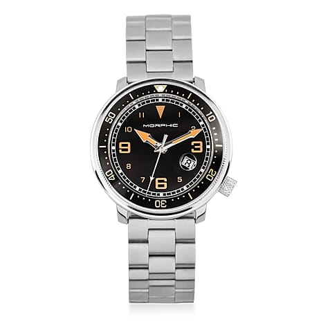 MORPHIC M74 Series Japanese Quartz Movt. 5ATM Water Resistant Black Dial Mens Watch with Silver Colour Stainless Steel Strap