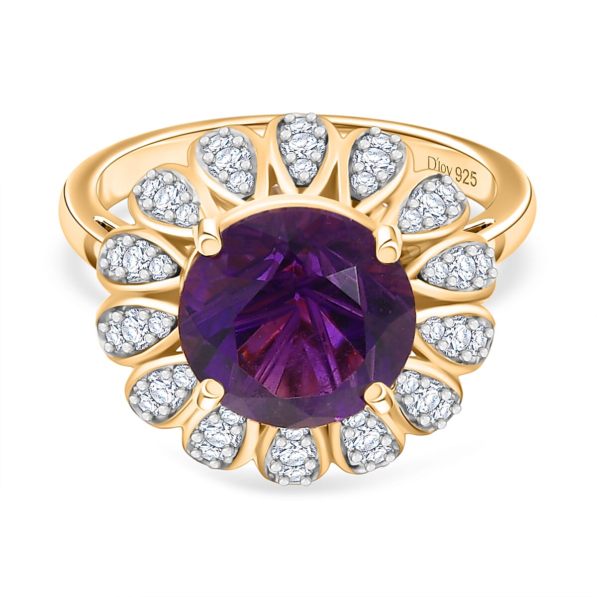 D’joy African Amethyst, White Zircon Main Stone With Side Stone Ring in 18K YG VermeilSterling Silver, Silver Wt.5 Gms  4.432  Ct.