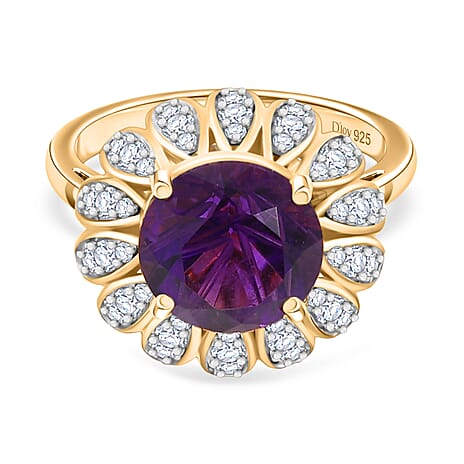 D’joy African Amethyst, White Zircon Main Stone With Side Stone Ring in 18K YG VermeilSterling Silver, Silver Wt.5 Gms  4.432  Ct.