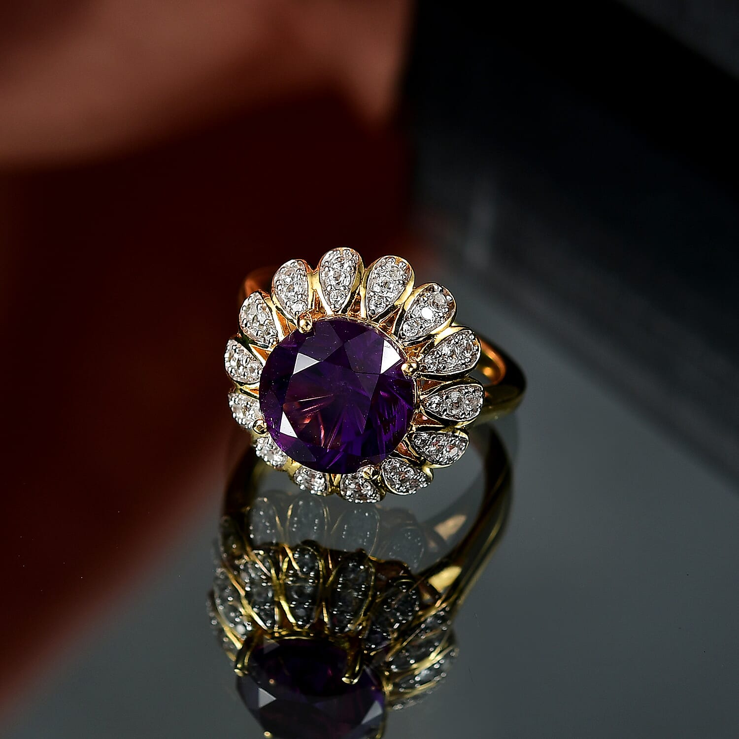 D’joy African Amethyst, White Zircon Main Stone With Side Stone Ring in 18K YG VermeilSterling Silver, Silver Wt.5 Gms  4.432  Ct.