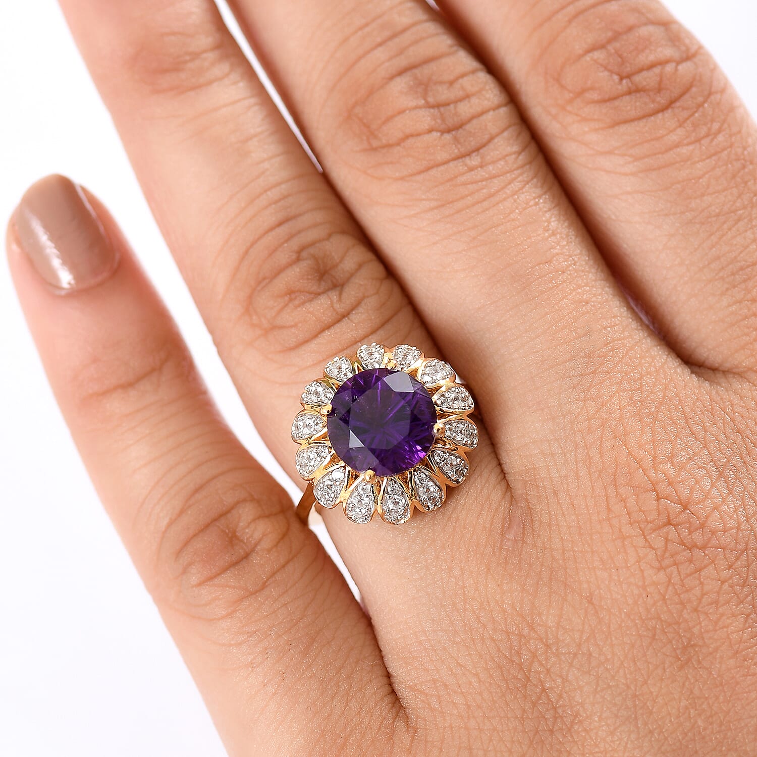D’joy African Amethyst, White Zircon Main Stone With Side Stone Ring in 18K YG VermeilSterling Silver, Silver Wt.5 Gms  4.432  Ct.