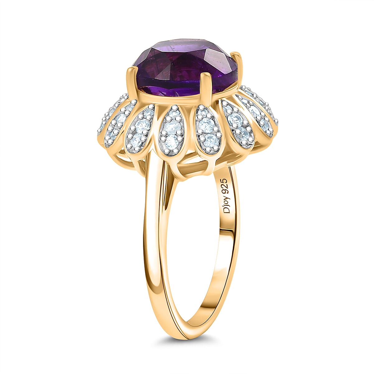 D’joy African Amethyst, White Zircon Main Stone With Side Stone Ring in 18K YG VermeilSterling Silver, Silver Wt.5 Gms  4.432  Ct.