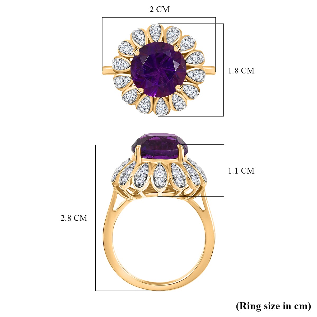 D’joy African Amethyst, White Zircon Main Stone With Side Stone Ring in 18K YG VermeilSterling Silver, Silver Wt.5 Gms  4.432  Ct.
