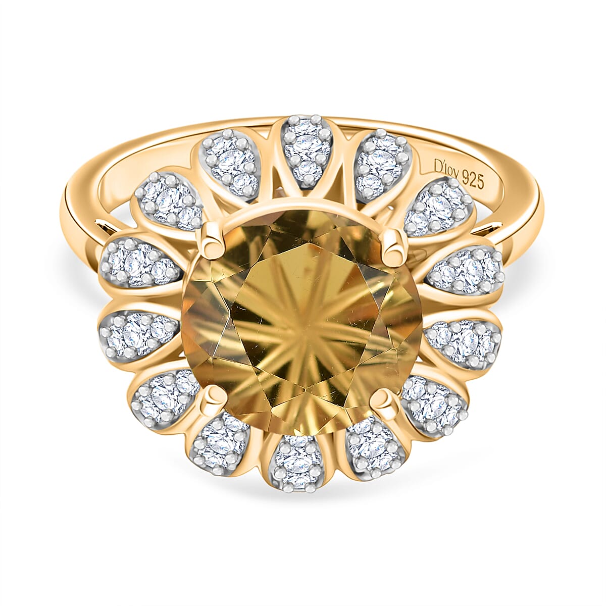 D’joy Citrine, White Zircon Main Stone With Side Stone Ring in 18K YG VermeilSterling Silver, Silver Wt.5 Gms  4.452  Ct.