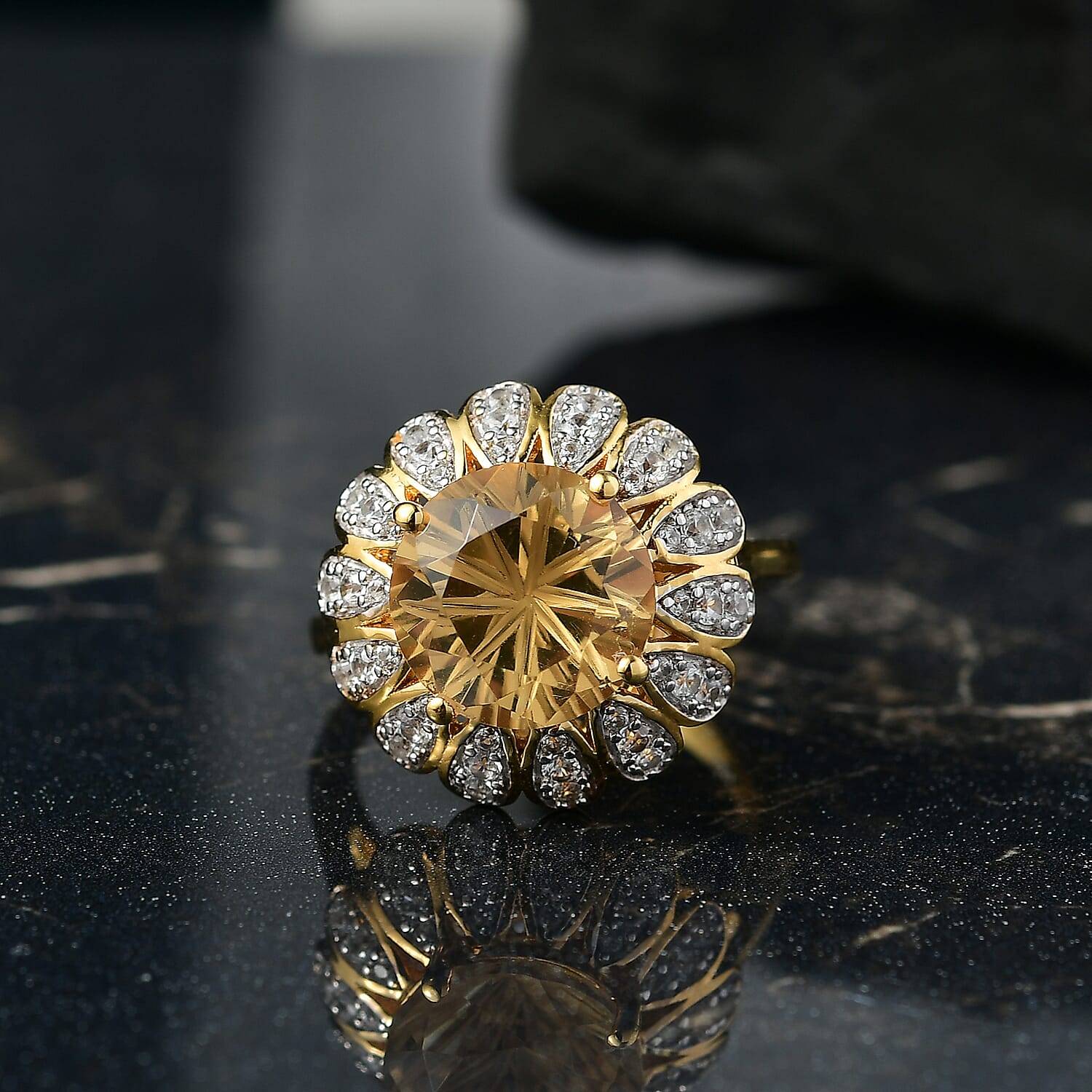 D’joy Citrine, White Zircon Main Stone With Side Stone Ring in 18K YG VermeilSterling Silver, Silver Wt.5 Gms  4.452  Ct.