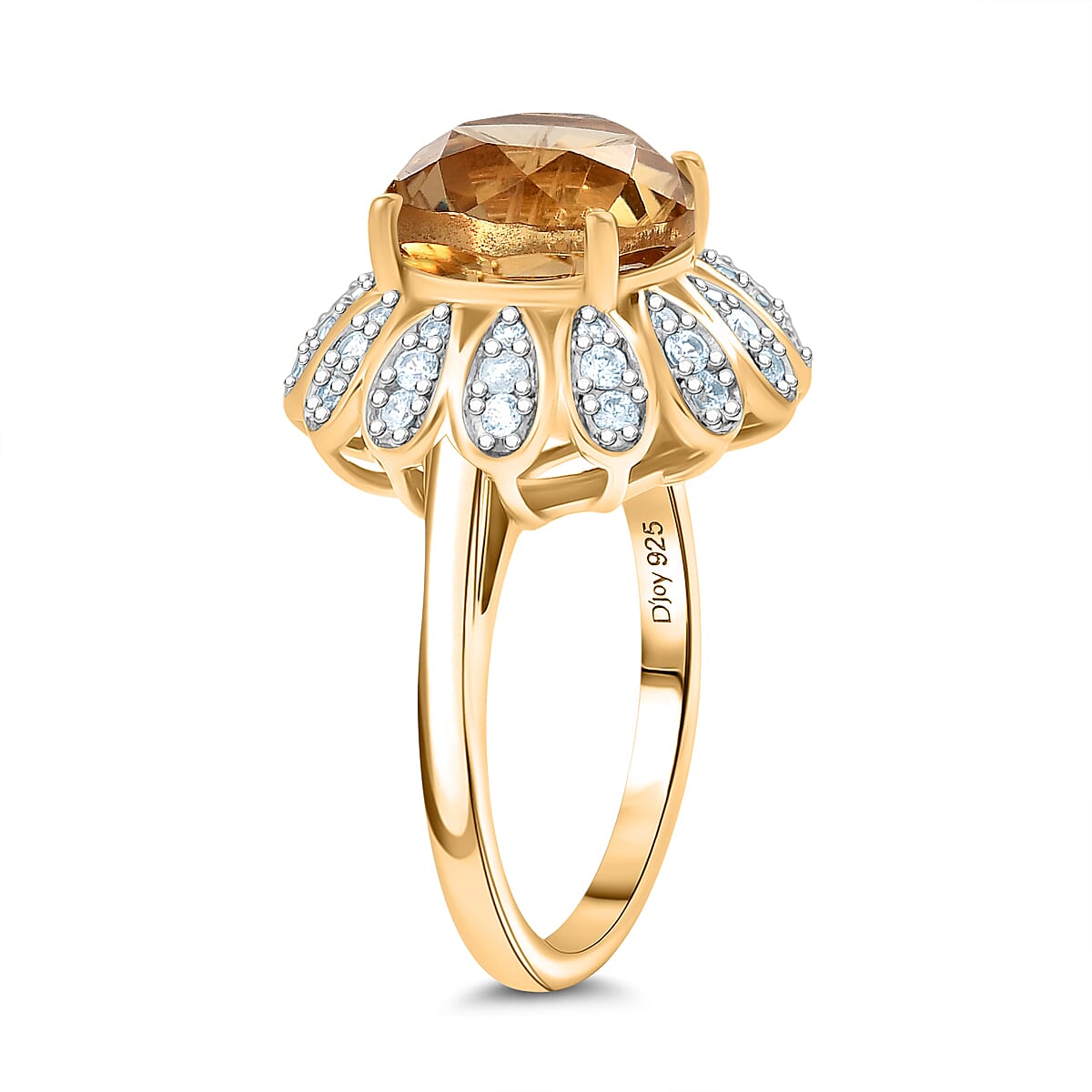 D’joy Citrine, White Zircon Main Stone With Side Stone Ring in 18K YG VermeilSterling Silver, Silver Wt.5 Gms  4.452  Ct.
