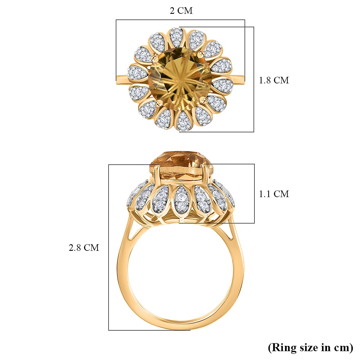 D’joy Citrine, White Zircon Main Stone With Side Stone Ring in 18K YG VermeilSterling Silver, Silver Wt.5 Gms  4.452  Ct.
