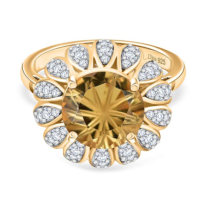 D’joy Citrine, White Zircon Main Stone With Side Stone Ring in 18K YG VermeilSterling Silver, Silver Wt.5 Gms 4.452 Ct.