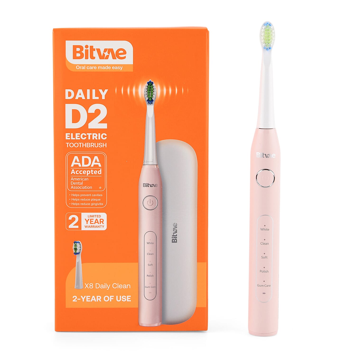 Bitvae Sonic Toothbrush With 8 Replacement Heads & Travel Case, 40,000 Strokes per min, 5 Brushing Modes & Smart Timer - Pink