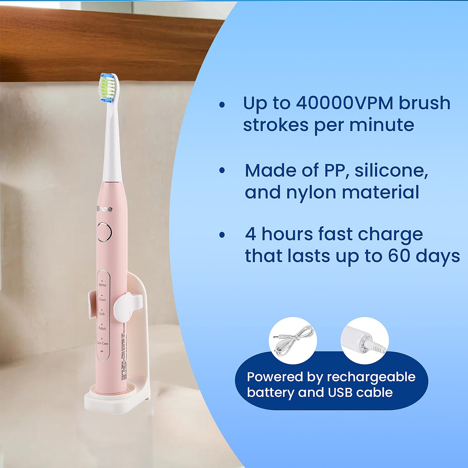Bitvae Sonic Toothbrush With 8 Replacement Heads & Travel Case, 40,000 Strokes per min, 5 Brushing Modes & Smart Timer - Pink