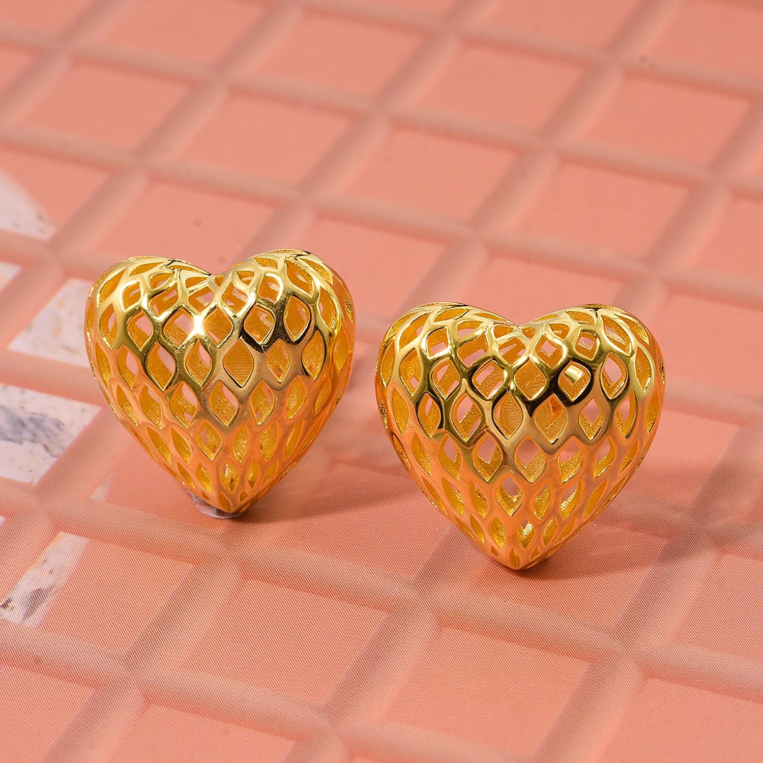 Treasure Of Siam - Sterling Silver Heart Earring with Push Back in Yellow Gold Plating