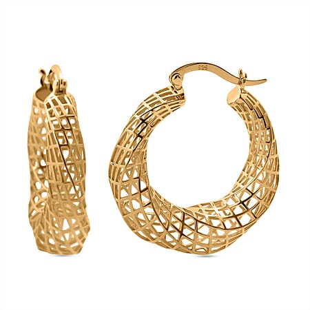 Treasure Of Siam - Sterling Silver Creole Hoop Earrings with Clasp in Yellow Gold Plating