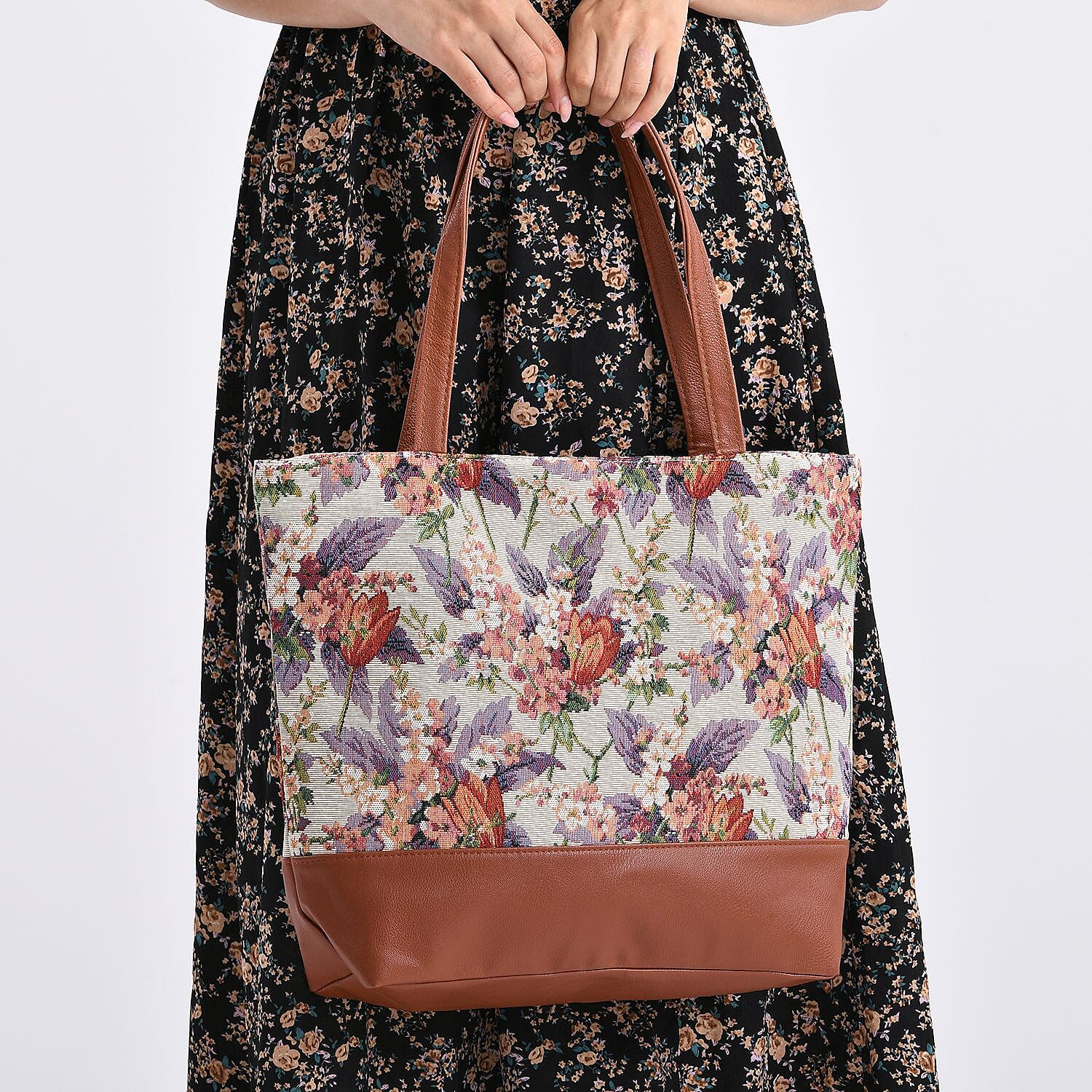 Flower Tote Bag (Size 35x12x36 cm) - White Multi & Multicolor