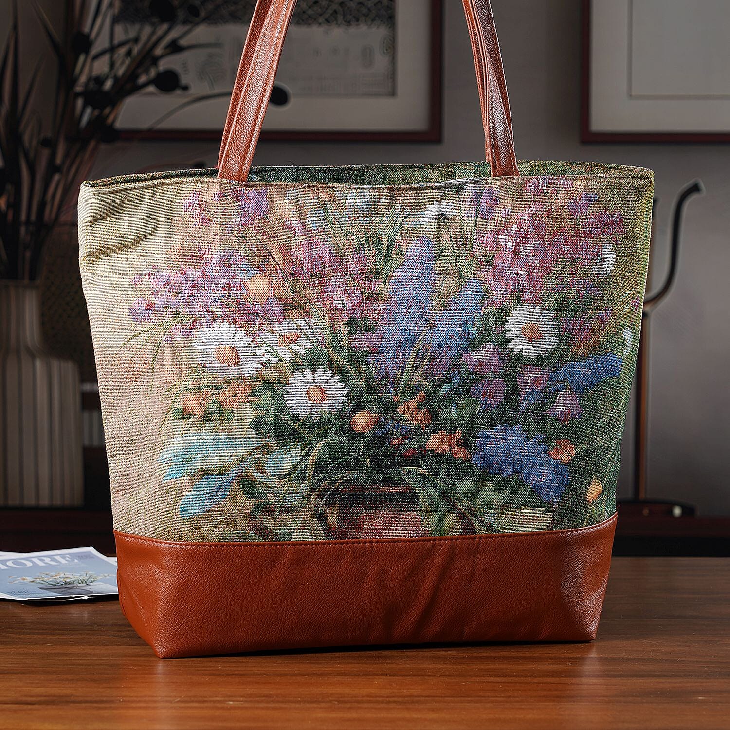 Flower Tote Bag (Size 35x12x36 cm) - Beige & Purple